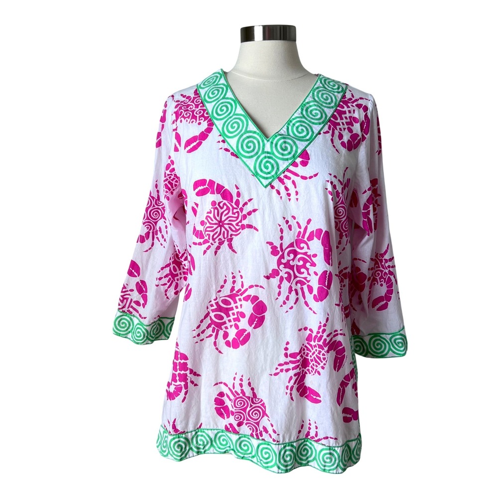 Gretchen Scott Womens Large Pink Green Crab Soup Banded Cotton V-Neck Tunic Top